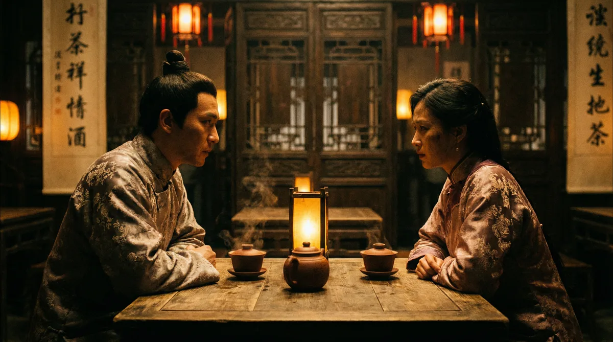 海角网古装剧情片拍摄剧照-茶馆对话场景